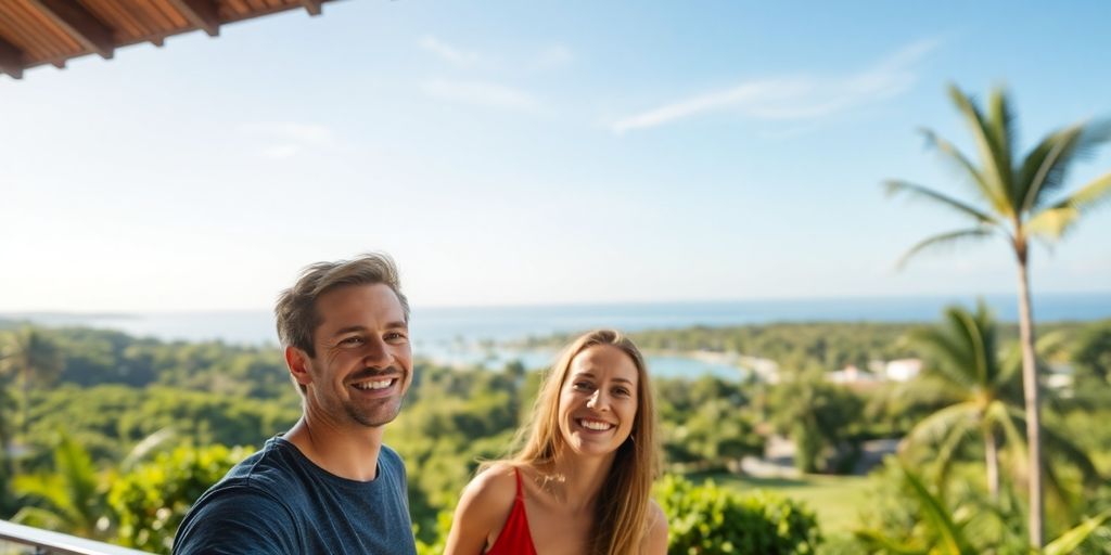 Couple enjoying a scenic view from a luxury resort balcony.