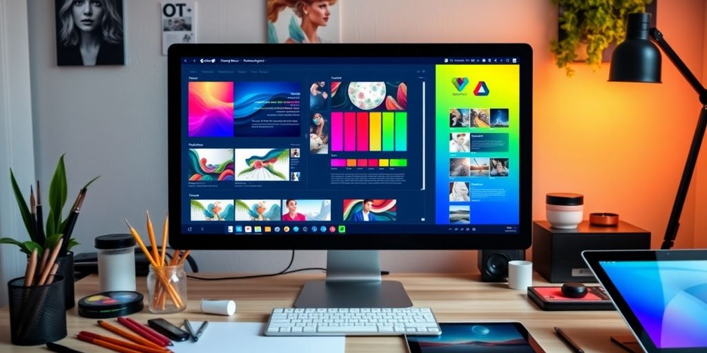 Colorful web design workspace with engaging visuals and tools.