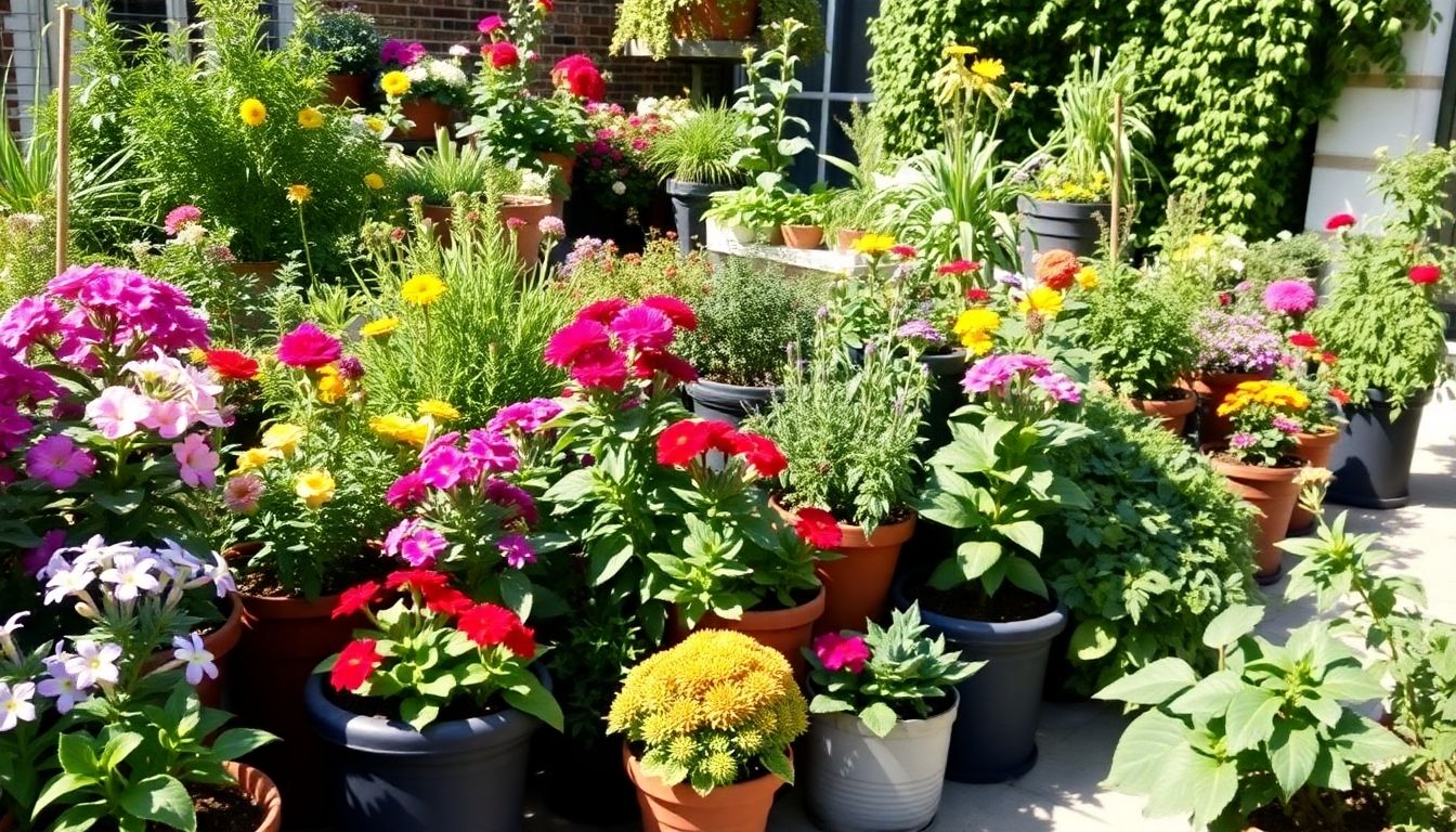 Colourful plants in a sunny London garden.