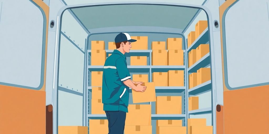 Driver organizing packages in delivery van.