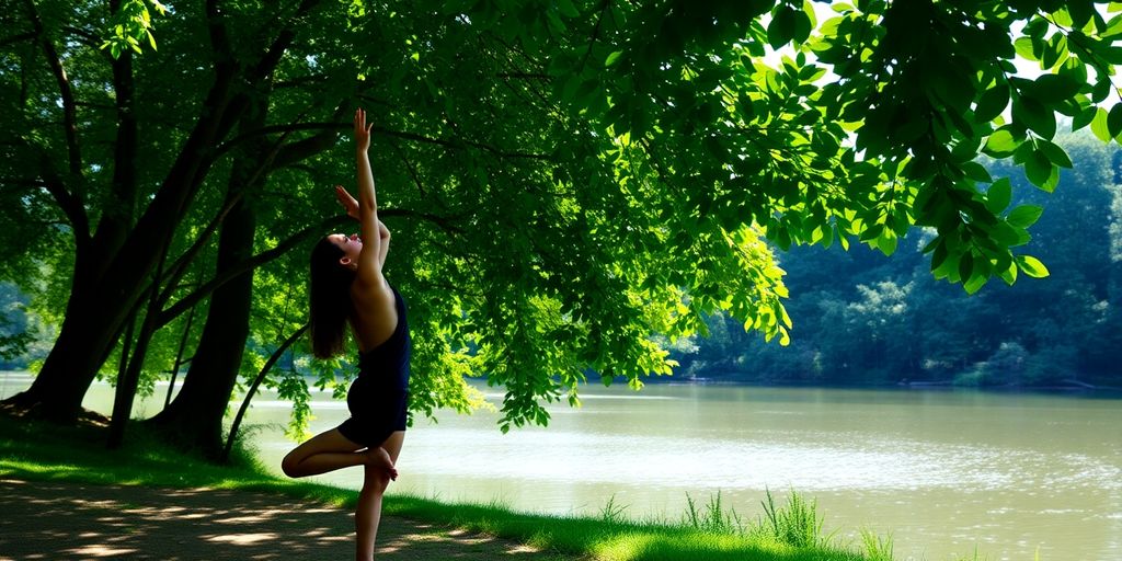 Person stretching outdoors near trees and water.