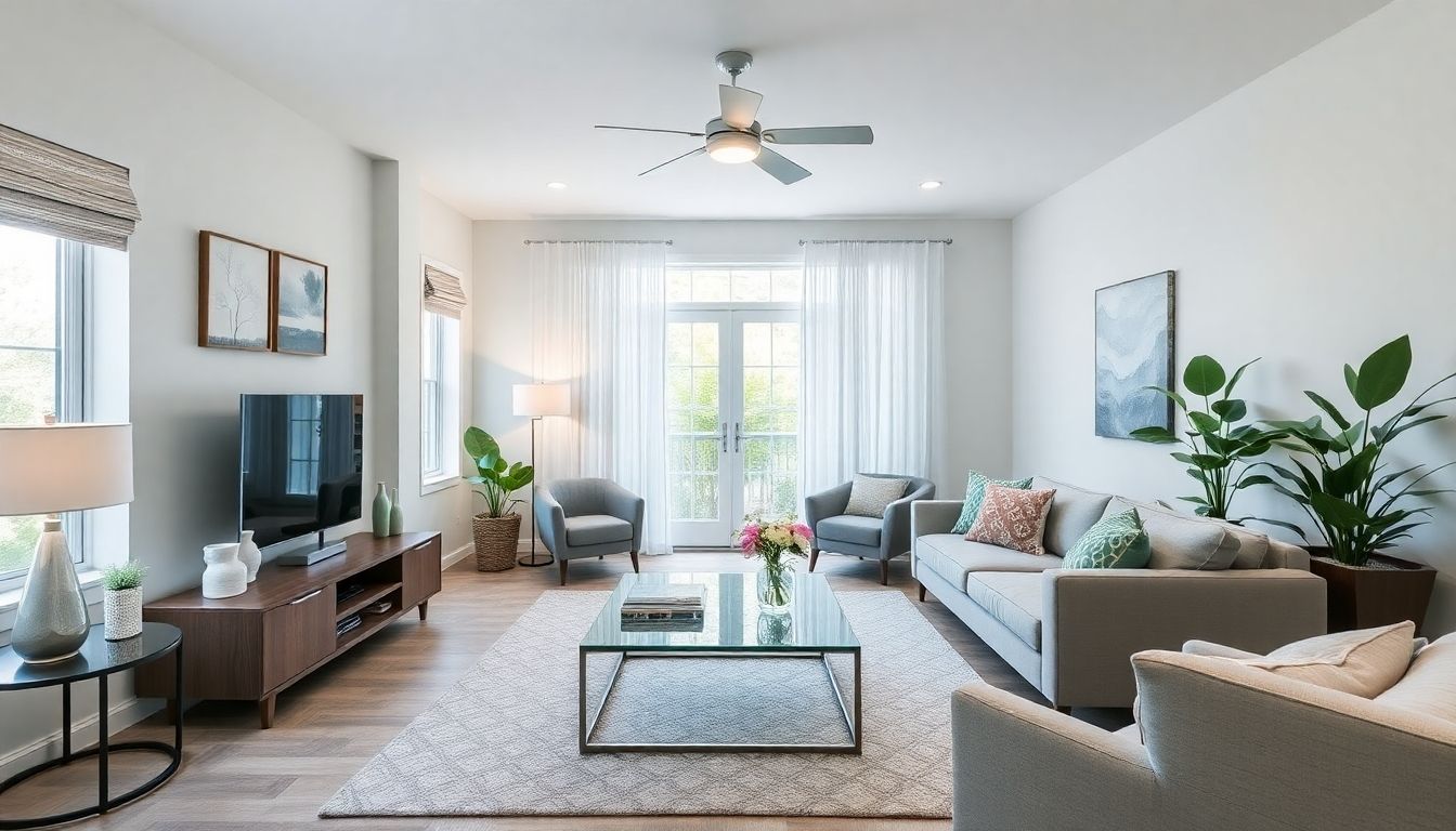 Renovated living room with modern furniture and decor.