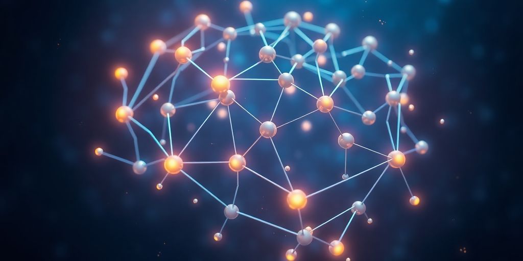 Neural network, data points, glowing connections, blue background.