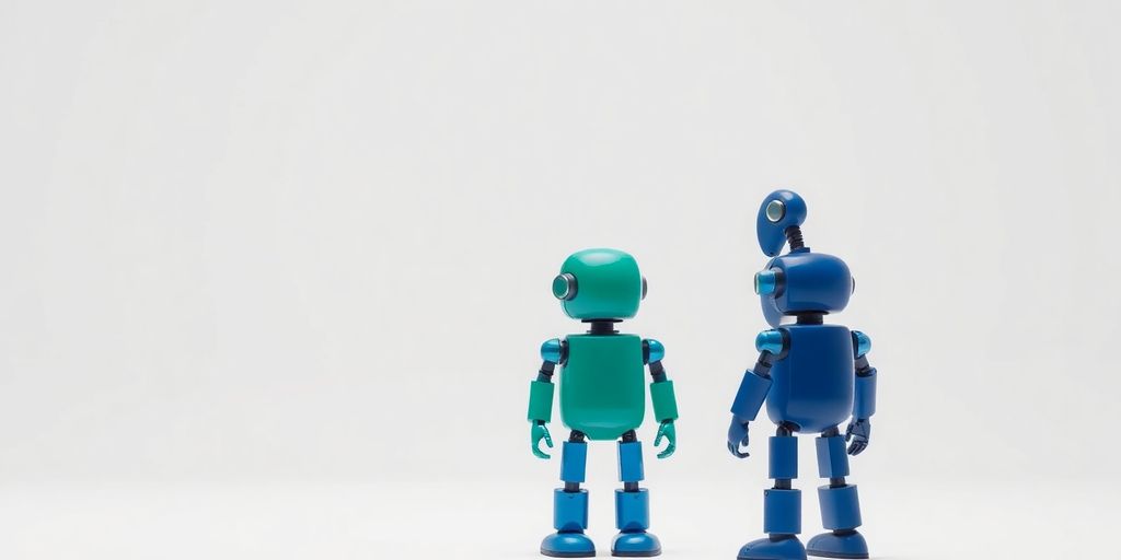 Two distinct robots, one green, one blue, face off.