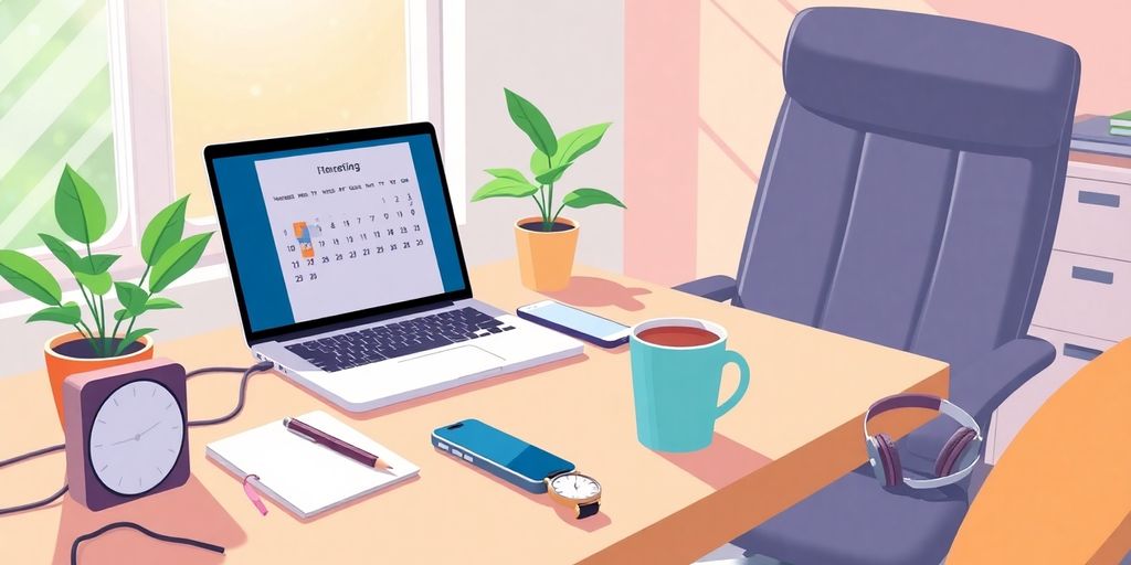 Illustration of a well-organized remote work desk with essential tools