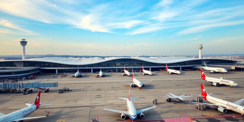 Aeropuerto Milan Linate con aviones y arquitectura moderna.