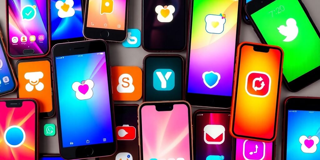 Collage of smartphone screens with various app icons.