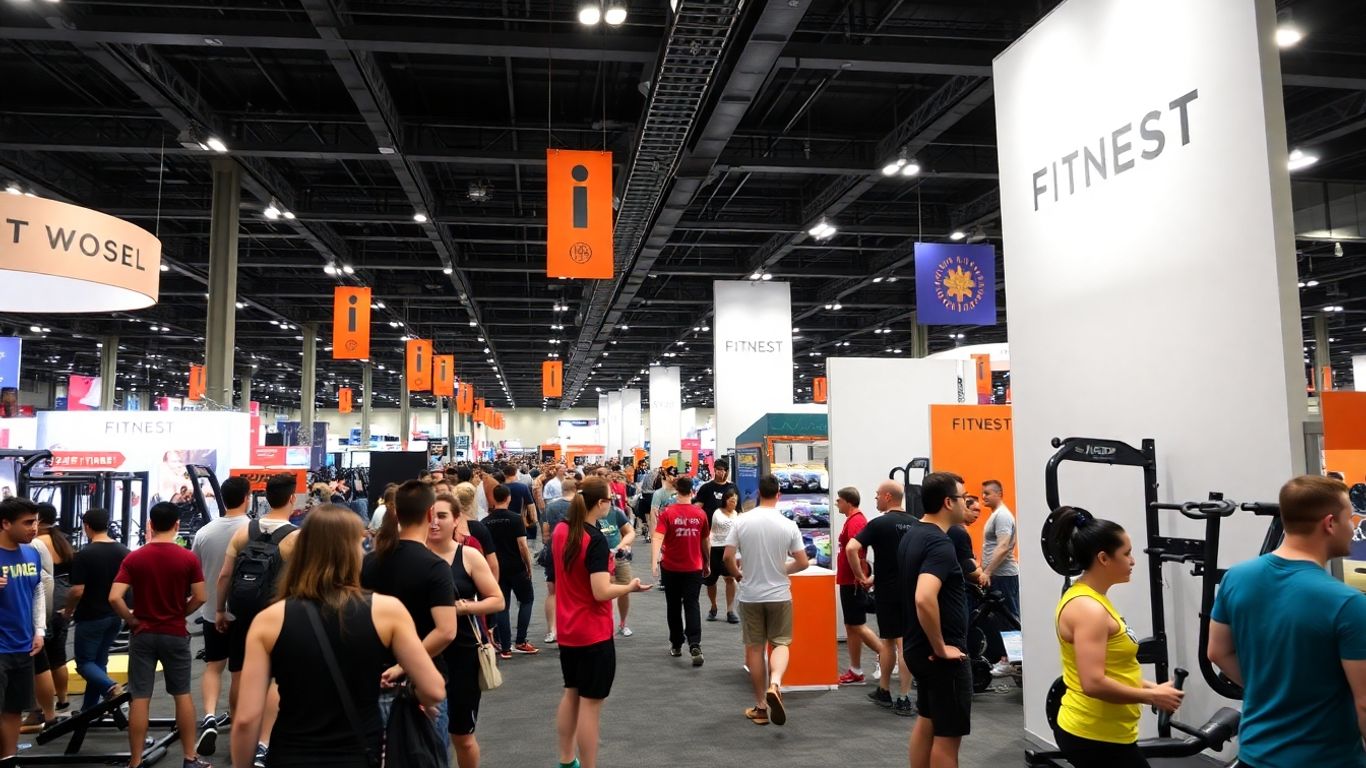 People exercising and exploring fitness equipment at a busy expo