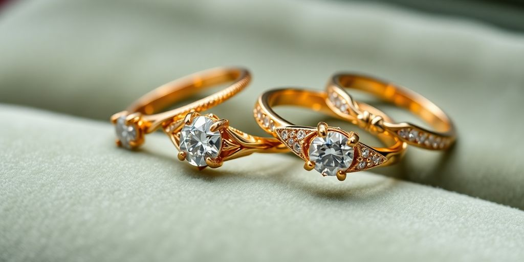 Bagues en or avec diamants scintillants sur velours.