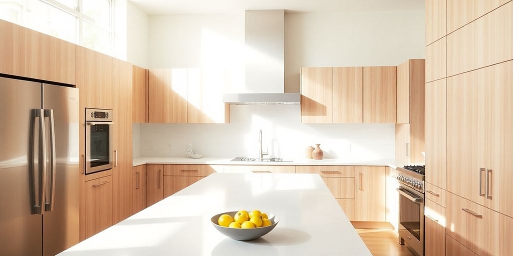 Renovated kitchen with custom cabinetry.