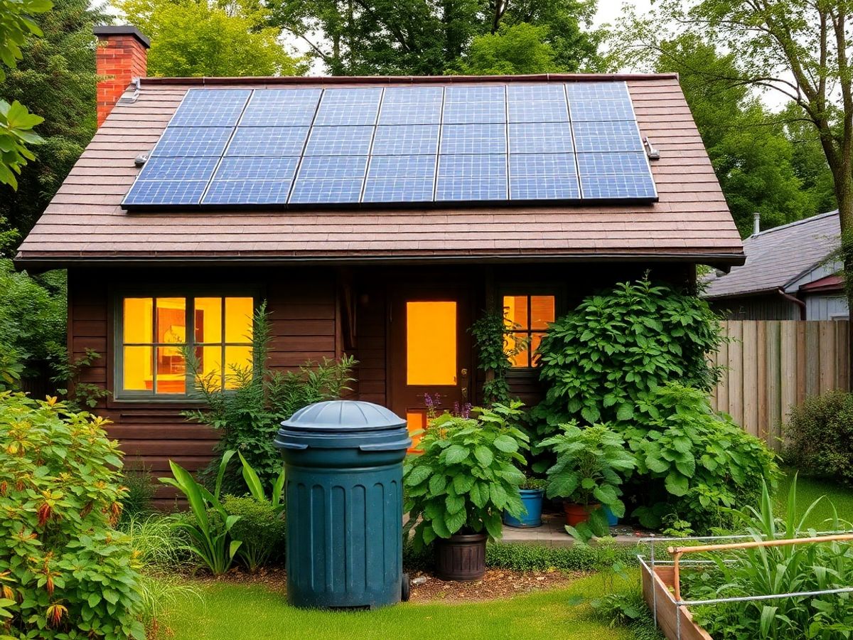 Casa ecologică cu panouri solare și grădină de legume.