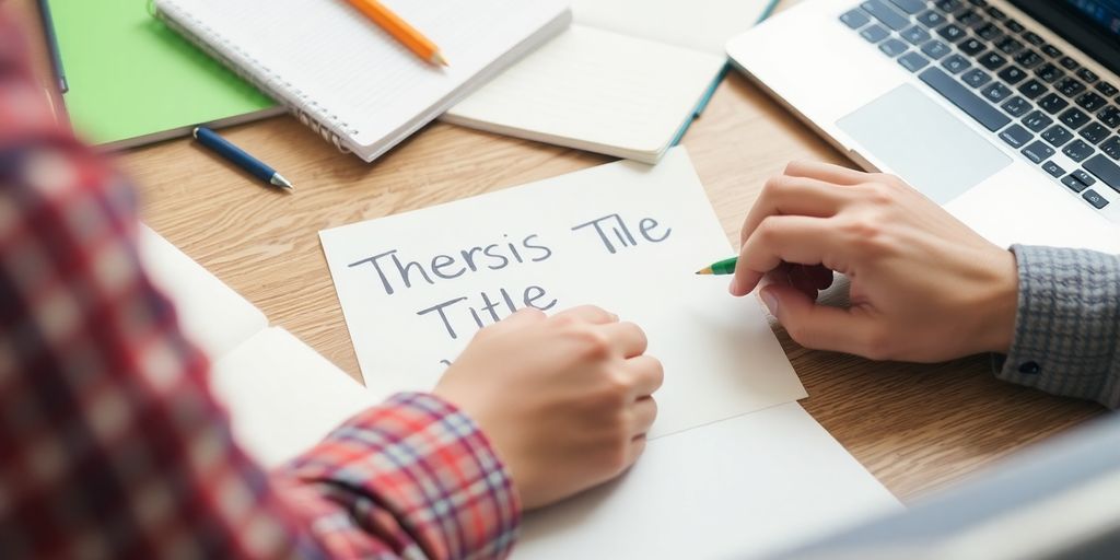 Person brainstorming thesis titles with notebooks and laptop.
