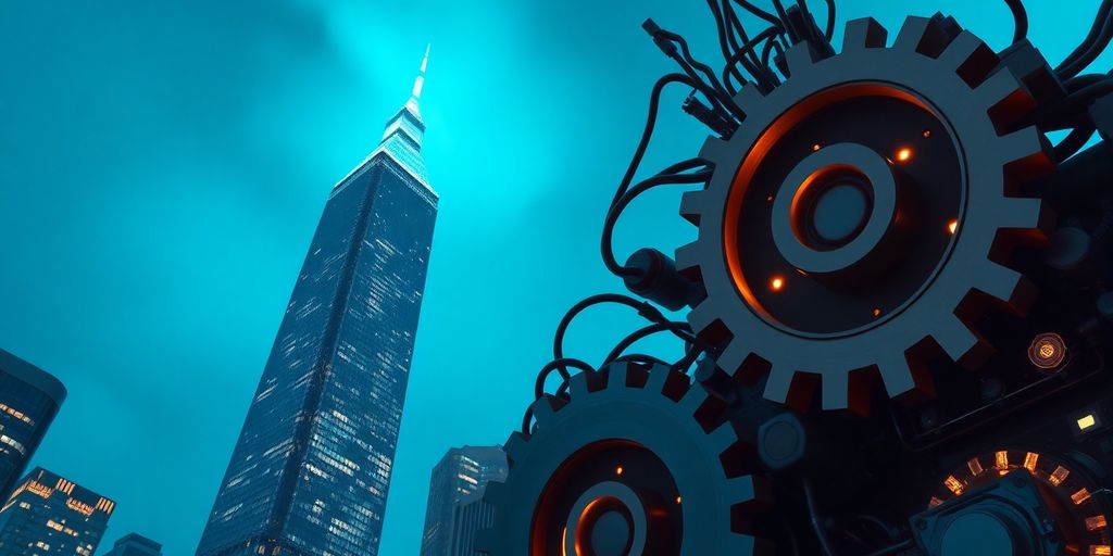 Towering skyscraper with dimmed lights and still gears suggests AI slowdown.