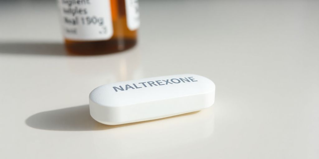 Pill bottle next to single naltrexone pill.