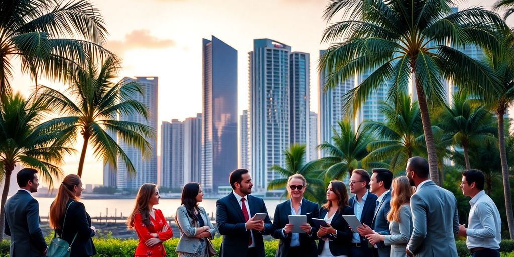 Miami cityscape with real estate professionals discussing.