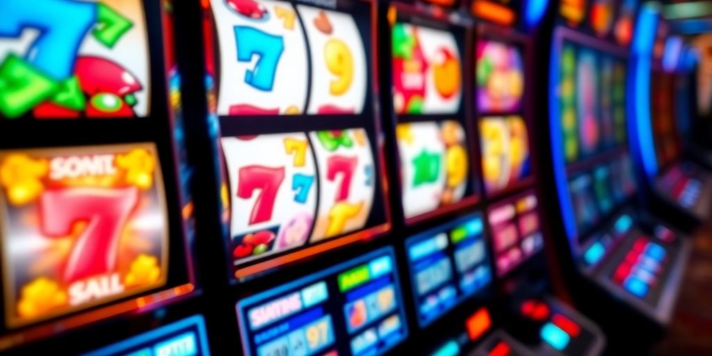 Golden slot machine reels spinning with winning symbols.