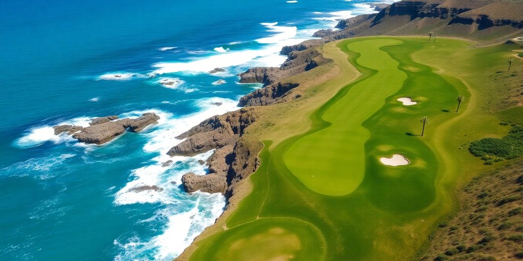 Lush green golf course bordering the ocean.