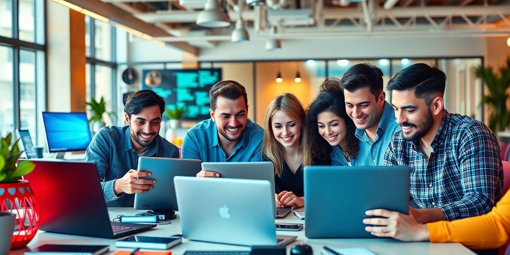 Entrepreneurs collaborating in a modern tech workspace.