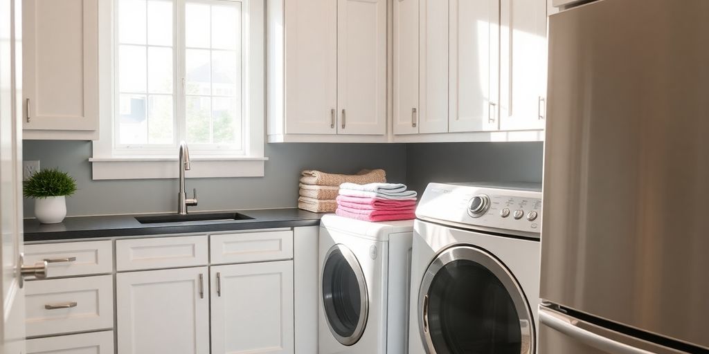 Clean, modern laundry room with white cabinets, dark countertop.