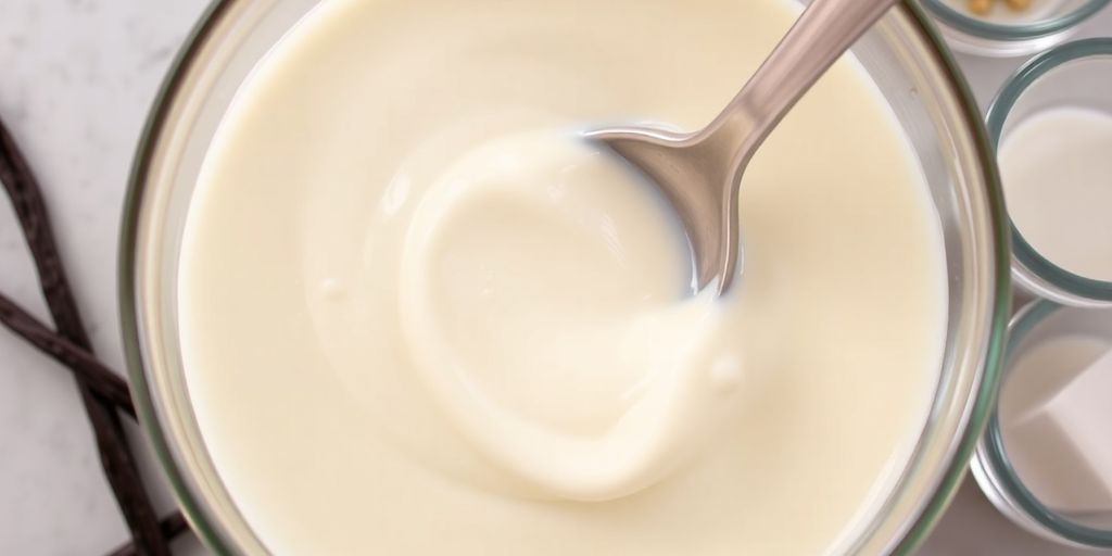 Bowl of thick evaporated milk with vanilla ingredients.