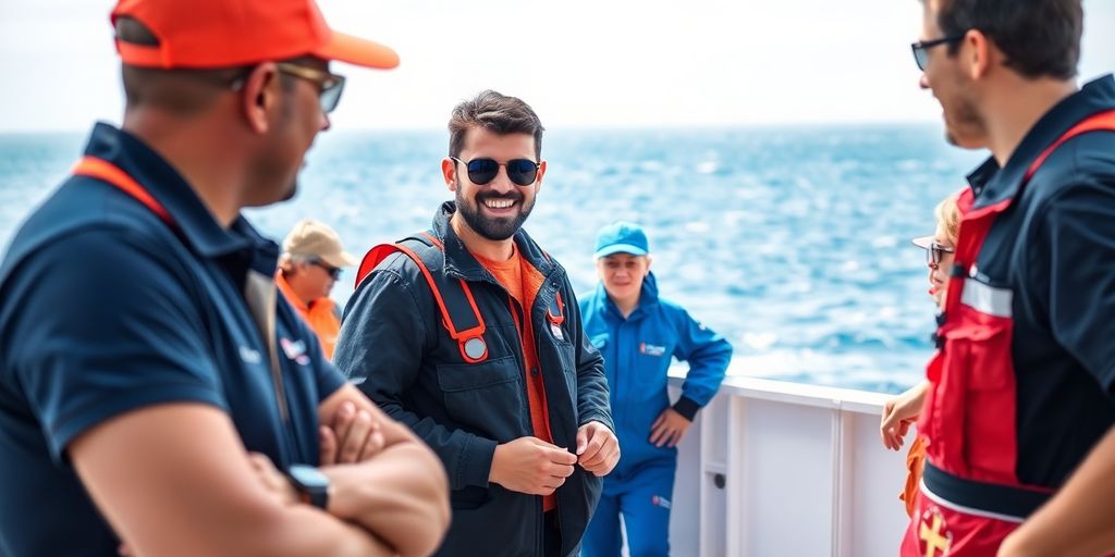 Seafarers chatting on deck with ocean background.