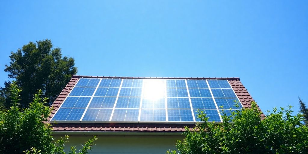 Rooftop solar panels under a clear blue sky.
