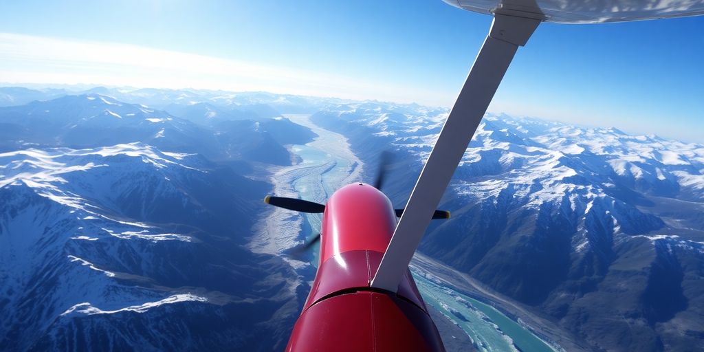 A small airplane flying over snowy Alaskan mountains and glaciers.