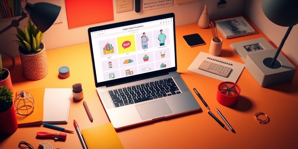A workspace with a laptop and digital products.