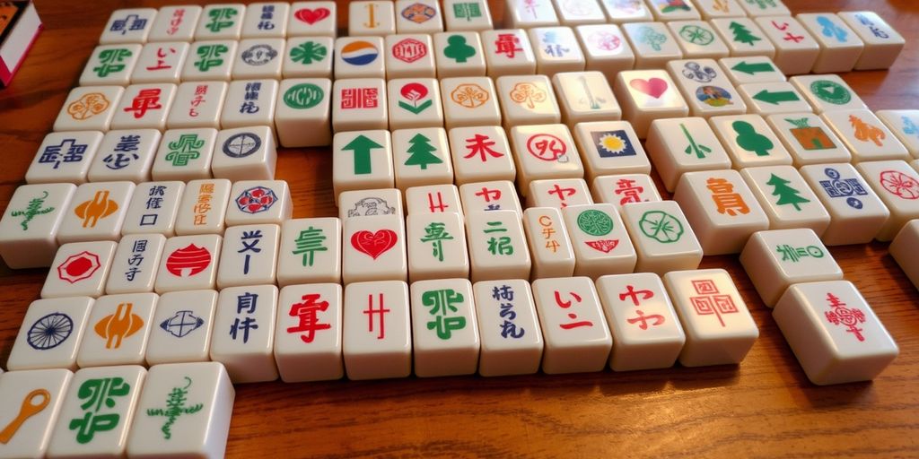 Colorful Mahjong tiles on a wooden table.