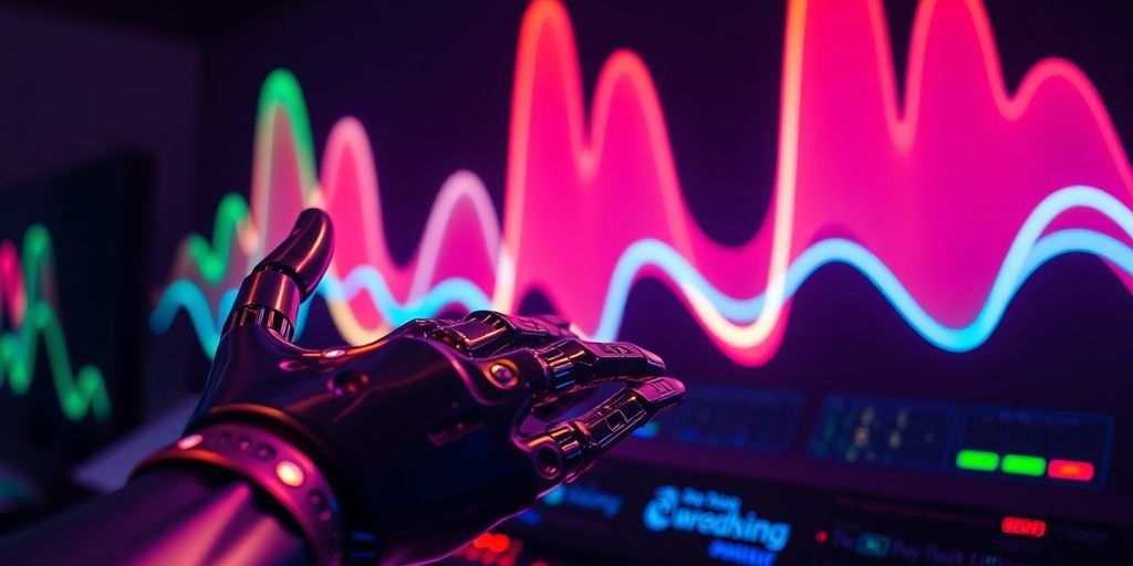Robot hand manipulating musical sound waves.