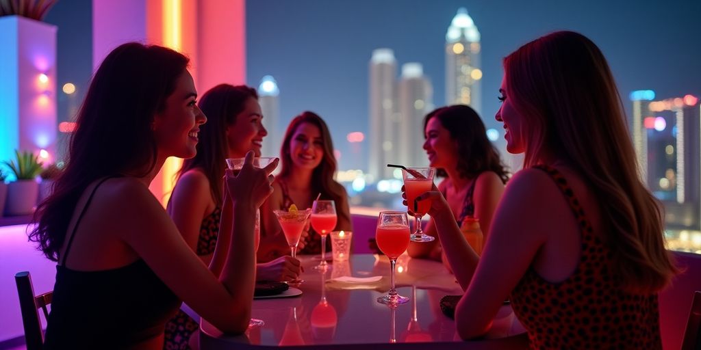 Women enjoying drinks at a rooftop bar in Dubai.