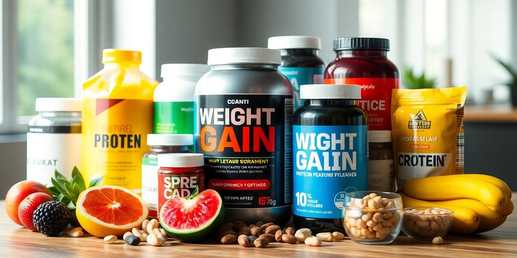 Assorted weight gain supplements on a wooden table.