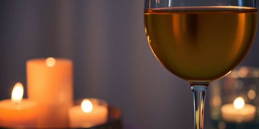 Glass of wine in a tranquil candlelit setting.