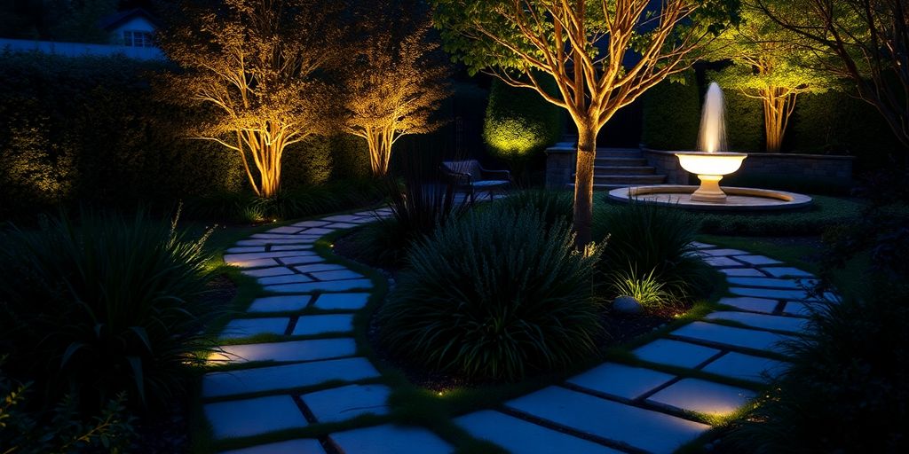 Garden pathway lit by warm, inviting lights.