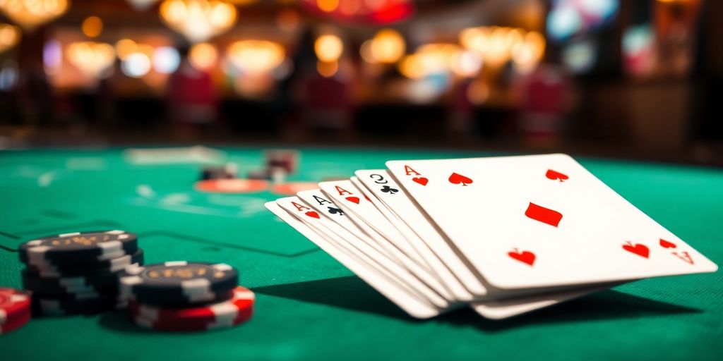 Blackjack cards with chips and a hand making a decision.