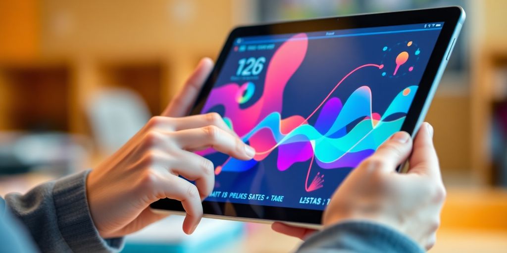 Teacher uses tablet for data.