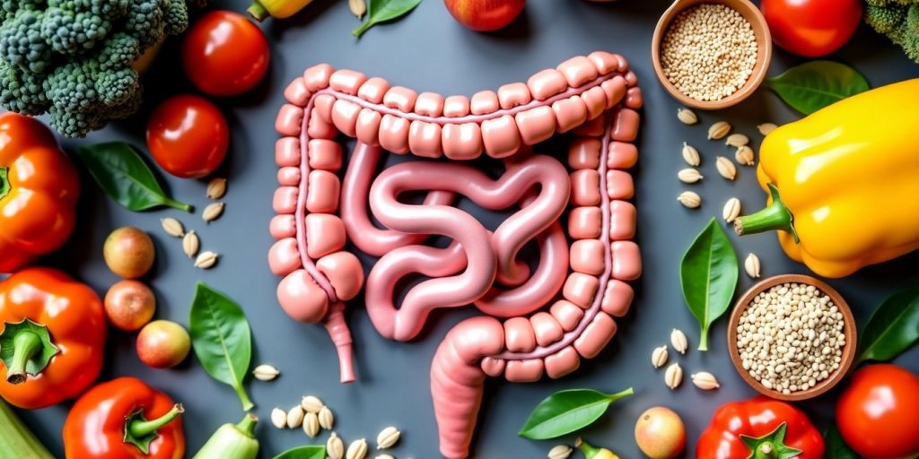 Intestino saudável com frutas e vegetais