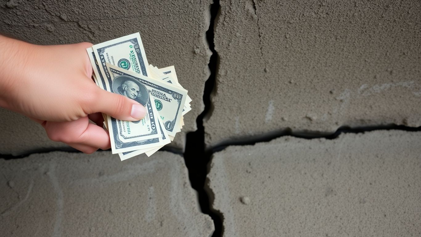 Cracked foundation with money, illustrating hidden repair costs.