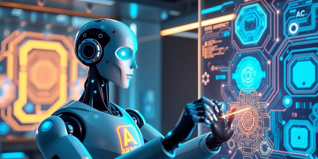 Robô humanoide interagindo com interfaces digitais.