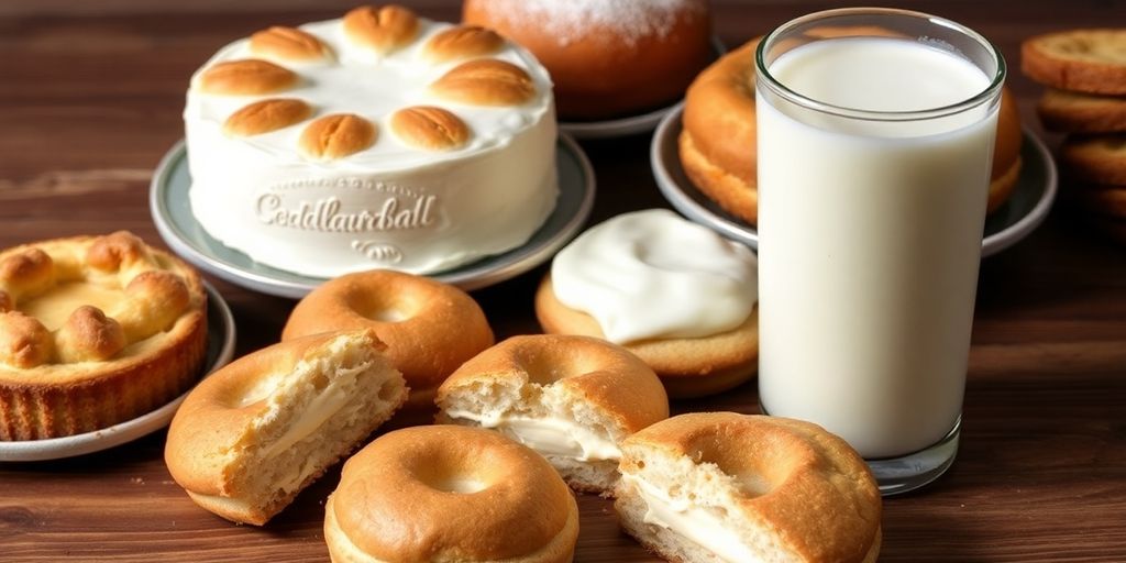 Baked goods made with milk on a wooden table.