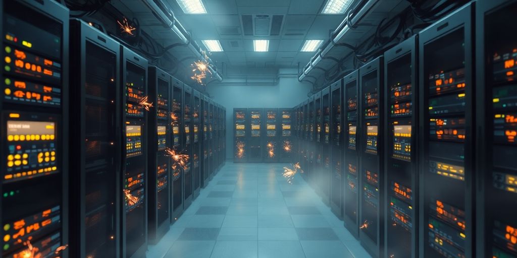 Glowing crypto mining rig in cool environment