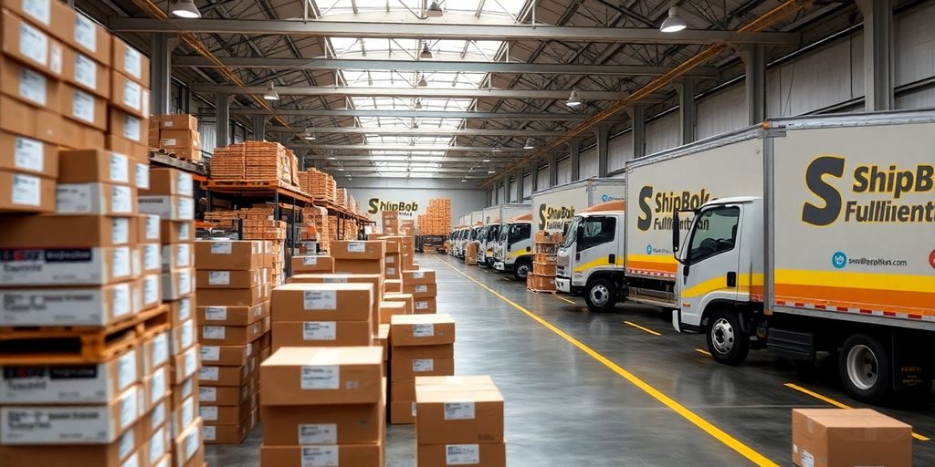 ShipBob warehouse with packages and delivery trucks.
