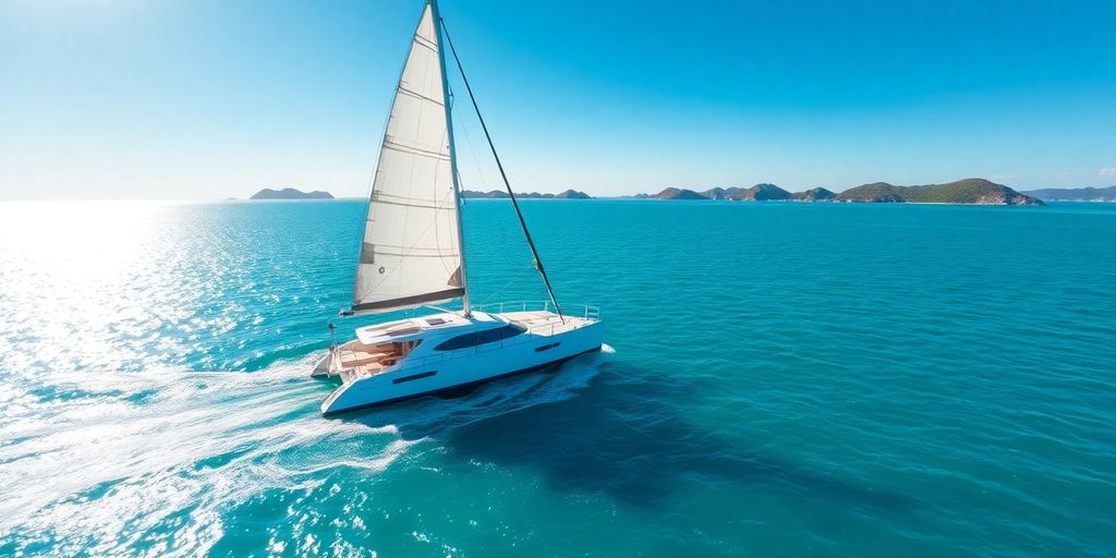 Catamaran sailing on clear blue water