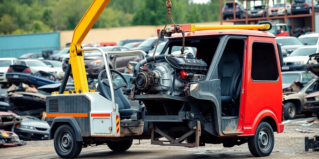 Mini wrecker salvaging car parts