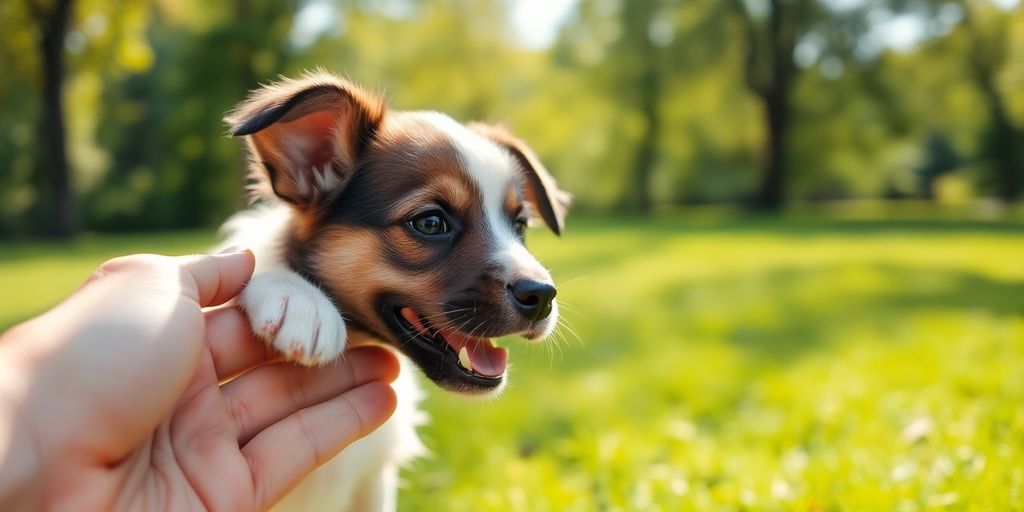 Happy puppy playing with owner in park.
