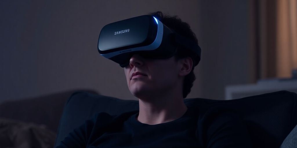 Person wearing VR headset, watching movie