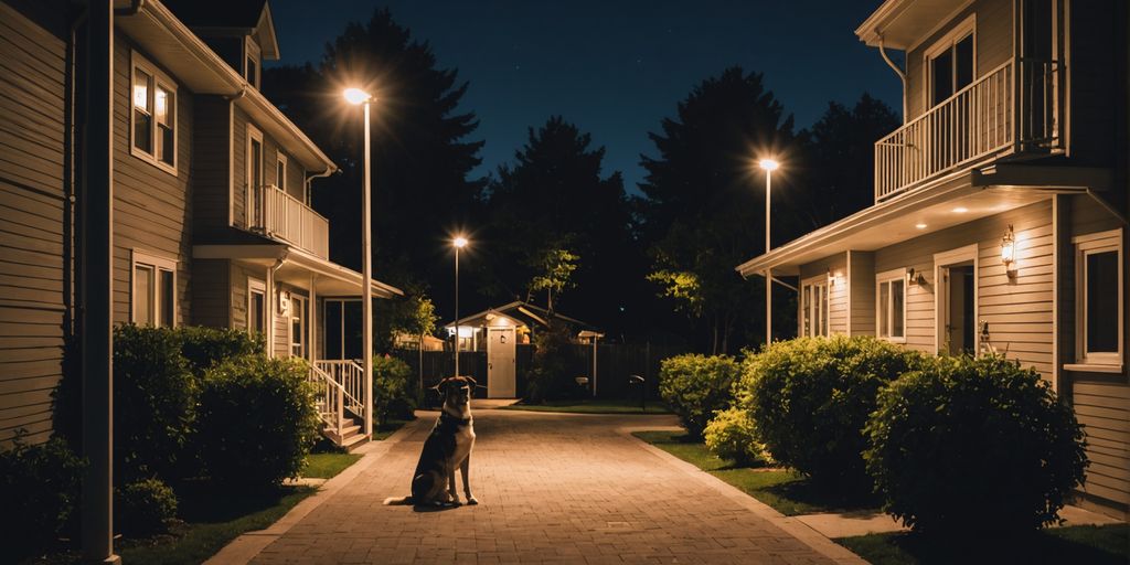 Various security measures in a residential area at night.