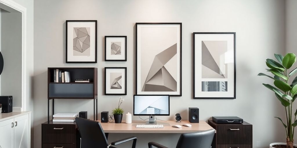 Minimalist men's home office with elegant wall decor.