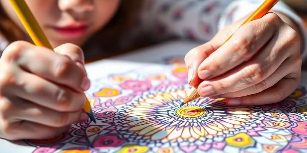 Child coloring, focused, calm, vibrant colors, close-up hands.