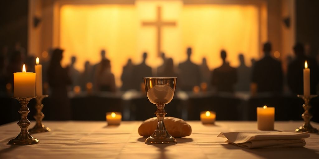 Silhouettes of people at a communion table with candles.